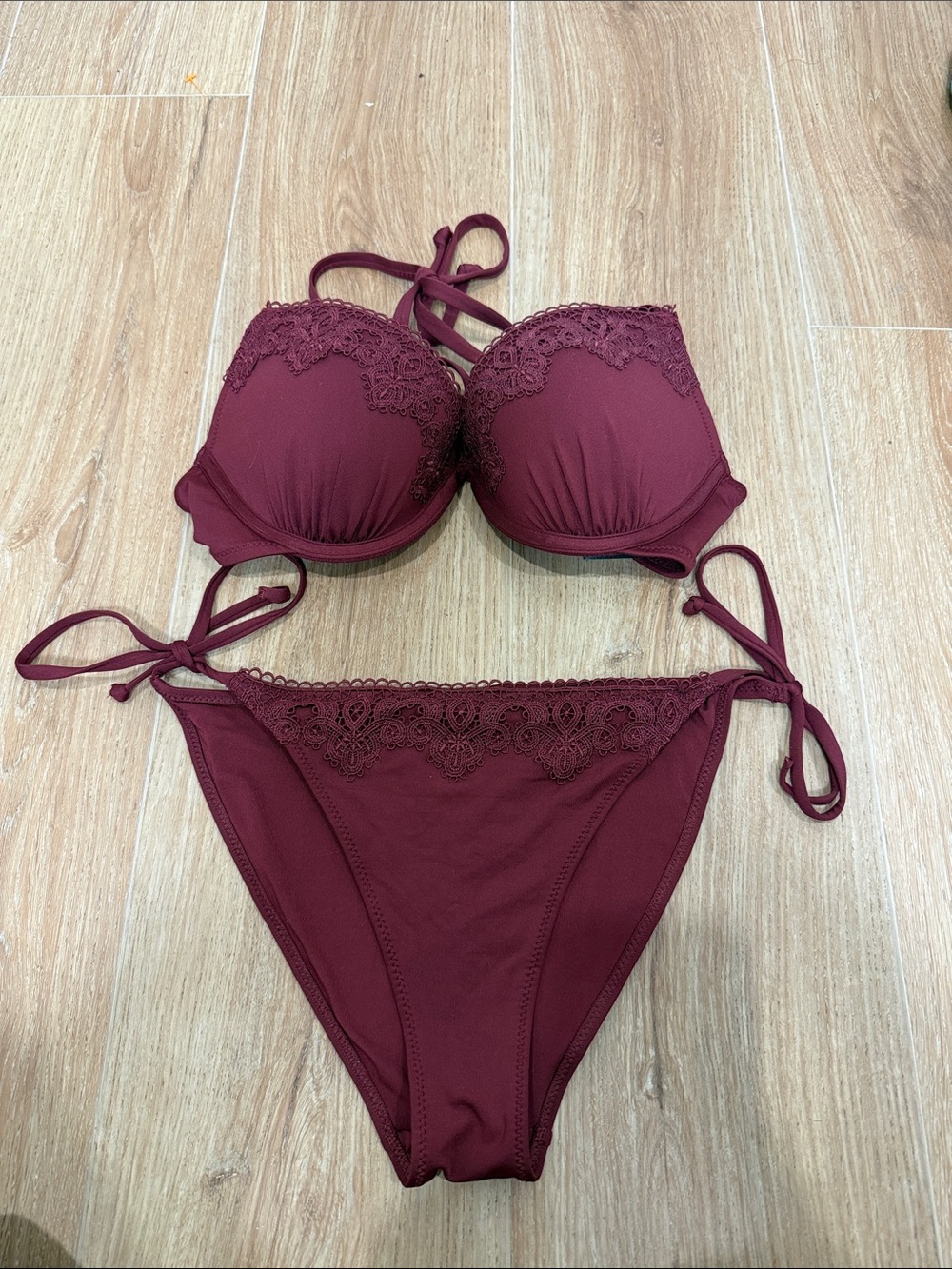 H&M Wine Red Lace Trim Bikini Set